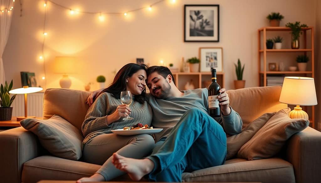 A cozy living room setting with a loving couple cuddled up on a plush sofa, sharing a homemade meal and a bottle of wine. Soft, warm lighting from a few strategically placed lamps creates a romantic ambiance. The room is adorned with simple, inexpensive decor like string lights, potted plants, and framed art. In the background, a bookshelf or TV unit suggests a comfortable, lived-in space. The overall mood is one of intimacy, comfort, and effortless enjoyment - a budget-friendly at-home date night that Gen Z would love. A cozy living room setting with a loving couple cuddled up on a plush sofa, sharing a homemade meal and a bottle of wine. Soft, warm lighting from a few strategically placed lamps creates a romantic ambiance. The room is adorned with simple, inexpensive decor like string lights, potted plants, and framed art. In the background, a bookshelf or TV unit suggests a comfortable, lived-in space. The overall mood is one of intimacy, comfort, and effortless enjoyment - a budget-friendly at-home date night that Gen Z would love.