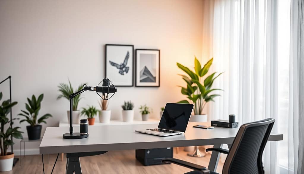 A modern, well-lit home office setup with a minimalist aesthetic. In the foreground, a sleek, ergonomic desk with a laptop, wireless mouse, and a comfortable task chair. On the desk, a high-quality microphone, a crisp retina display, and a stylish desk lamp casting a warm glow. In the middle ground, potted plants and framed art pieces add pops of color and a touch of nature. The background features floor-to-ceiling windows allowing for ample natural light, with sheer curtains filtering the sunlight. The overall atmosphere is one of productivity, organization, and creative inspiration. A modern, well-lit home office setup with a minimalist aesthetic. In the foreground, a sleek, ergonomic desk with a laptop, wireless mouse, and a comfortable task chair. On the desk, a high-quality microphone, a crisp retina display, and a stylish desk lamp casting a warm glow. In the middle ground, potted plants and framed art pieces add pops of color and a touch of nature. The background features floor-to-ceiling windows allowing for ample natural light, with sheer curtains filtering the sunlight. The overall atmosphere is one of productivity, organization, and creative inspiration.
