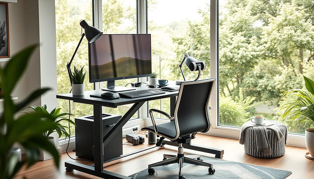 a high-quality, detailed image of an ergonomic home office desk setup with various remote work gadgets and accessories in a bright, modern, and comfortable environment. the foreground features a stylish standing desk with a large monitor, wireless keyboard and mouse, an office lamp, and a potted plant. the middle ground shows a comfortable office chair, a small side table with a cup of coffee, and a cozy throw blanket. the background depicts a large window overlooking a lush, green outdoor scene, with natural lighting flooding the room. the overall atmosphere conveys a sense of productivity, relaxation, and craftsmanship. a high-quality, detailed image of an ergonomic home office desk setup with various remote work gadgets and accessories in a bright, modern, and comfortable environment. the foreground features a stylish standing desk with a large monitor, wireless keyboard and mouse, an office lamp, and a potted plant. the middle ground shows a comfortable office chair, a small side table with a cup of coffee, and a cozy throw blanket. the background depicts a large window overlooking a lush, green outdoor scene, with natural lighting flooding the room. the overall atmosphere conveys a sense of productivity, relaxation, and craftsmanship.