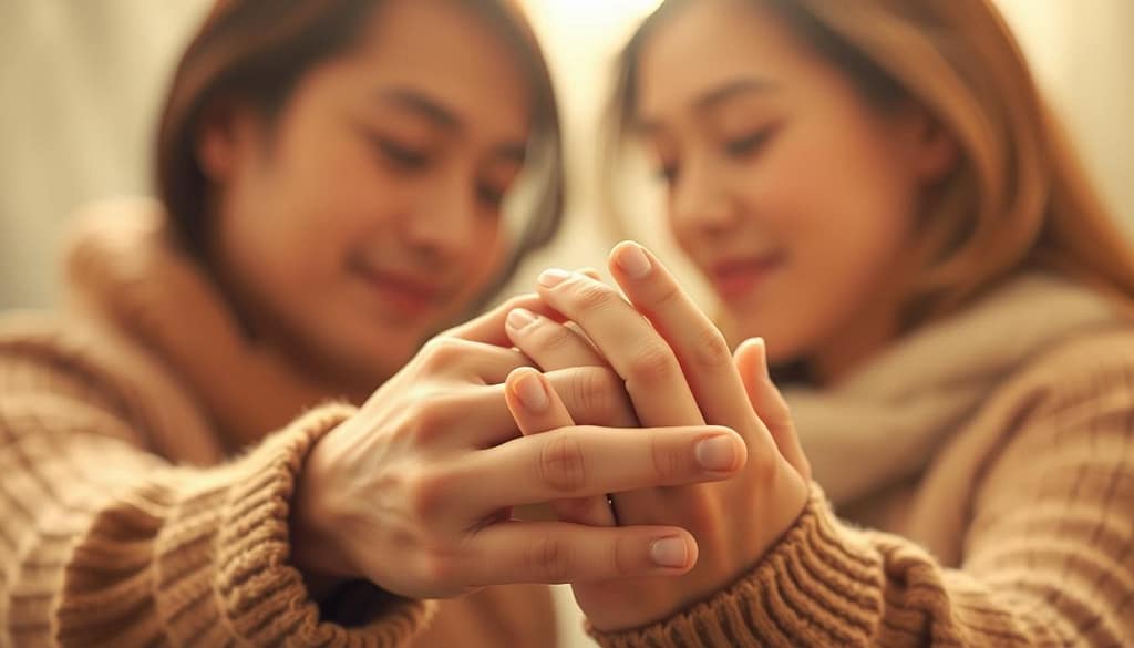 A softly lit, intimate scene of a couple sharing a tender micro-moment of physical touch. In the foreground, two hands intertwine, fingers gently caressing, creating a sense of connection and intimacy. The middle ground features the couple's faces, eyes closed, expressions serene and content, as they savor the quiet, fleeting gesture. The background is hazy and dreamlike, with a warm, muted color palette that envelops the scene in a sense of tranquility and emotional resonance. Captured through a shallow depth of field, the image suggests the fragile, ephemeral nature of these micro-moments that can ignite the spark between partners throughout the day. A softly lit, intimate scene of a couple sharing a tender micro-moment of physical touch. In the foreground, two hands intertwine, fingers gently caressing, creating a sense of connection and intimacy. The middle ground features the couple's faces, eyes closed, expressions serene and content, as they savor the quiet, fleeting gesture. The background is hazy and dreamlike, with a warm, muted color palette that envelops the scene in a sense of tranquility and emotional resonance. Captured through a shallow depth of field, the image suggests the fragile, ephemeral nature of these micro-moments that can ignite the spark between partners throughout the day.
